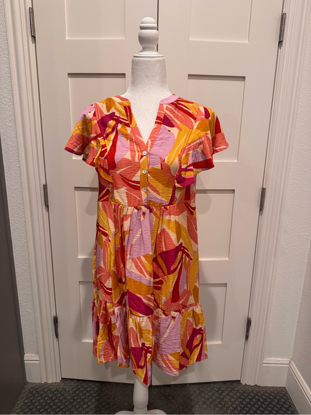 Bright Abstract Print Midi Dress in Pink & Yellow